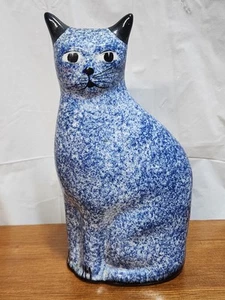 Cat Figurine White And Blue Ceramic 9” Tall Enesco Calico China Spongeware - Picture 1 of 6