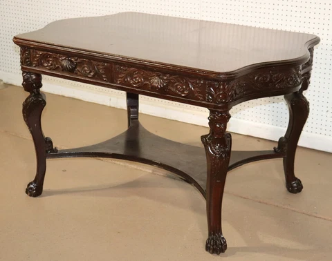 RJ Horner Style Carved Maiden Figural Mahogany Partners Desk Writing Table Cover