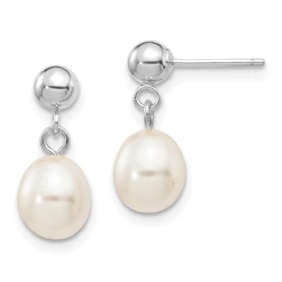 10K White Gold 6-7mm White Rice Freshwater Cultured Pearl Dangle Post Earrings - Image 1 of 4