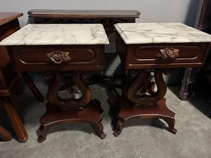 Pair of Carved Mahogany Marble Top Lyre Base End Tables - Picture 1 of 7