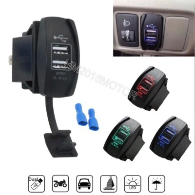 Dual USB 2Ports Charger Socket Power Outlet LED Indicator Boat Auto Car Motor - Image 1 of 4