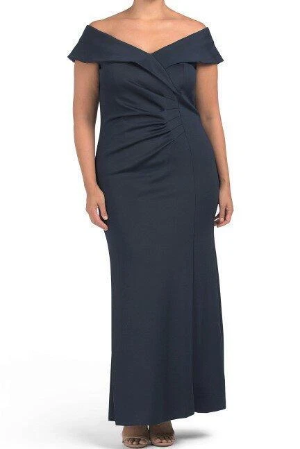 XSCAPE Off-the-Shoulder Gown Navy Size 16 Style XC187 Ruched Wedding Formal