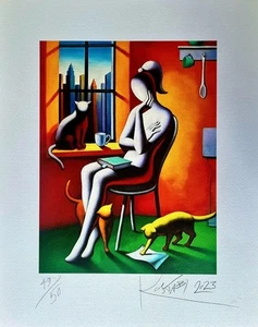 MARK KOSTABI - FELINE DREAMS Sitzende Frau mit Katzen Skyline Fenster - Bild 1 von 8