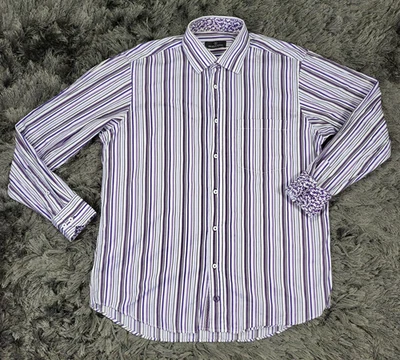 Camisa Bugatchi Uomo Para Hombre Grande Púrpura Blanco Rayas Manga Larga Algodón Vestido Foto 1 de 4