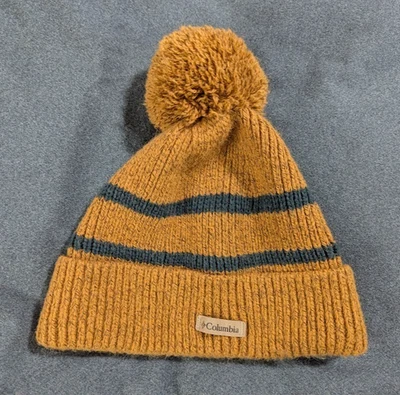 Columbia Knit Beanie Cap PomPom Toboggan Sledding Skiing One Size Mustard Stripe - Image 1 of 4