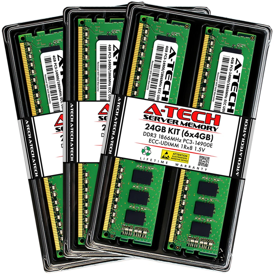 A-Tech 24GB 6x 4GB PC3-14900E ECC Unbuffered DDR3 1866MHz DIMM Server Memory RAM - Image 1 of 4