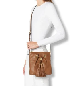 Michael Kors Bag Camden Brown Leather Tassel Drawstring Crossbody Top Zip - Picture 1 of 13