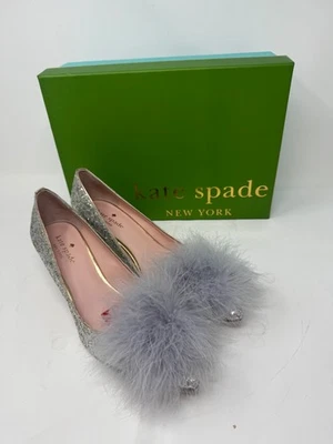 Kate Spade New York Silver Glitter Heels with Feather Pom Poms Size 7 - Image 1 of 4