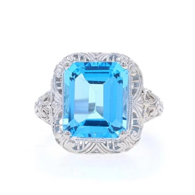 Anillo solitario de cóctel de topacio azul de oro blanco - filigrana de 6,93 quilates corte esmeralda de 14 k Foto 1 de 4