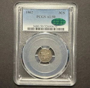 1862 Three Cent Silver — PCGS AU50 CAC ✅ - Picture 1 of 4