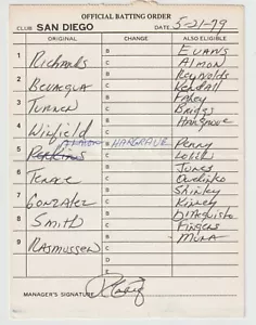 5-21-79 San Diego Padres Game Used Lineup Card - Ozzie Smith & Dave Winfield - Picture 1 of 2