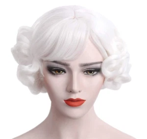 STfantasy White Curly Wig 1920 vintage style bangs flapper cosplay costume short - Picture 1 of 22