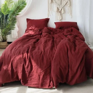 Linen Duvet Cover Set In Burgundy Custom Size Donna Quilt Cover Set With Button - Picture 1 of 8
