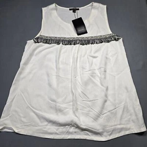 Color Block Women Shirt Size M Cream Preppy Black Fringe Sleeveless V-Neck Top - Picture 1 of 8