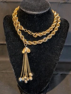 Vintage Gold Tone Chunky Chain Necklace with Tassel Fringe Pendant 28" Long - Picture 1 of 13