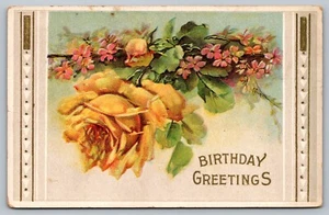Postal Felicitaciones Cumpleaños Rosa Amarilla c1910 Repujado - Imagen 1 de 2