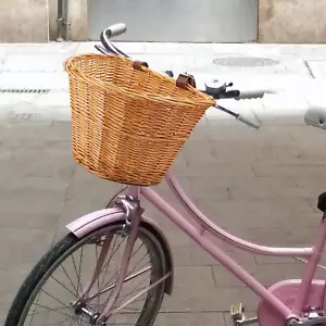 Large Vintage Wicker Bike Basket Brown Leather Adjustable Strap For Shopping - Picture 1 of 8