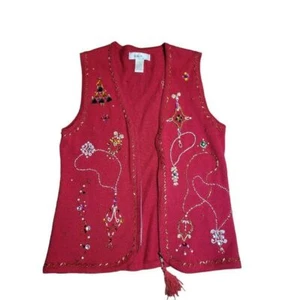 Vintage Kikit Christmas Red Zip Up Ramie Cotton Sz M Cardigan Women - Picture 1 of 5