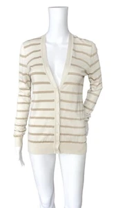 Ann Taylor Strickjacke Damen Medium Petite beige gold gestreift V-Ausschnitt Knopfleiste - Bild 1 von 10