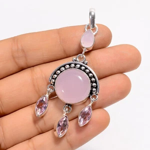 Ciondolo fatto a mano argento 925 pietra preziosa ametista rosa quarzo rosa 2,5" ARP-5201 - Foto 1 di 3