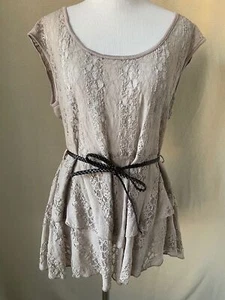 Bella D Taupe All Lace Sleeveless Belted 2-Tier Ruffle Bottom Blouse - Picture 1 of 12
