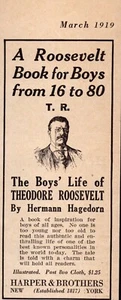 Anuncio impreso de Harper and Brothers 1919 The Boys Life of Theodore (Teddy) Roosevelt - Imagen 1 de 1