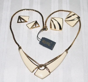 Vintage Trifari Gold Tone Cream Enamel Choker Necklace & Earrings Set NWT - Picture 1 of 11