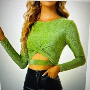 Allegra K Womens XL Crop Glitter Top Long Sleeve Cut Out Twist Front Slim Fitted - Picture 1 of 11