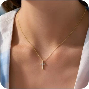 Collar Con Colgante De Cruz Oro 18K Joyería Cristiana Cross Para Mujeres y Niñas - Picture 1 of 8