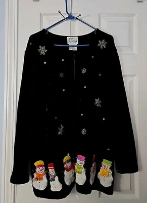 Quaker Factory Womans Christmas Sweater Plus Sze 1X Black With Snowman Designs - Image 1 of 4