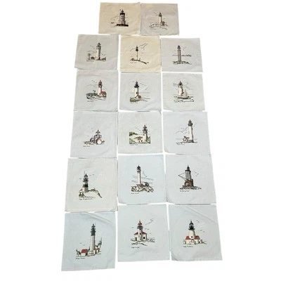 Set of 17 Hand-Stitched Lighthouse Quilt Blocks – Nautical Cross Stitch Art - Image 1 of 4