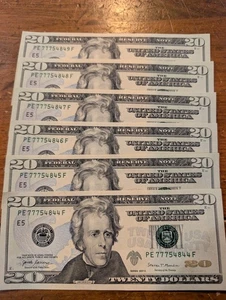 New Uncirculated  Bills $20  Series 2017A Sequential $120 Lot of 6 Triple 7s - Picture 1 of 5