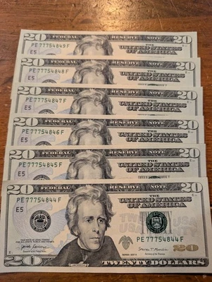 New Uncirculated  Bills $20  Series 2017A Sequential $120 Lot of 6 Triple 7s - Image 1 of 4