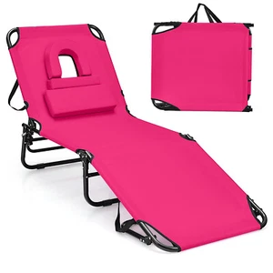 Beach Chaise Lounge Chair w/ 5-Position Adjustable Backrest & Face Hole Pillows - Picture 1 of 10