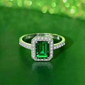 2CT Emerald Cut Lab-Created Emerald Halo Engagement Ring 14K White Gold Plated - Picture 1 of 8