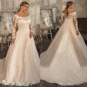 Champagne Wedding Dresses Off Shoulder Lace Long Sleeve Bridal Dresses Plus Size - Picture 1 of 9