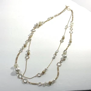 ANN TAYLOR Gold Tone Bezel Crystal Glass Bead Faux Pearl Chain Necklace - Picture 1 of 21