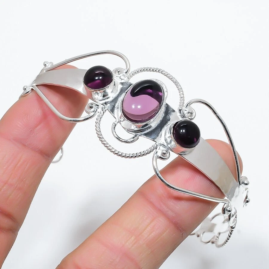 Purple Amethyst Gemstone 925 Sterling Silver Jewelry Adjustable Cuff Bracelet - Image 1 of 1