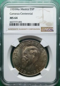 1959Mo MEXICO 5 PESOS CARRANZA CENTENNIAL SILVER TONNING NGC MS 64 - Picture 1 of 2