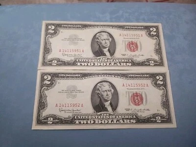 *Rare*Series 1963 $2 Red Seals Consecutive Bills With Low Serial Numbers. - Image 1 of 3