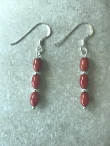 Red Bamboo Coral Small Barrels Long Earrings 925 Sterling Silver Gift Bag - Picture 1 of 5