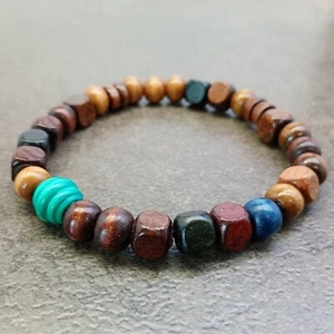 Mens Wood Bead Stretch Bracelet Prayer Meditation Yoga Bohemian Surfer - Picture 1 of 2