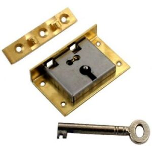Large Brass Half Mortise Chest or Box Lid Lock w/Skeleton Key | S-11 (1 KEY)