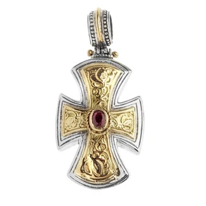 Gerochristo 5320 ~ Solid Gold, Sterling Silver & Ruby Maltese Cross Pendant - Picture 1 of 1
