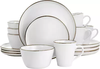 Arthur 16 Piece Stoneware Dinnerware Set in Matte White with Gold Rim (Arthur Pa - Image 1 of 4