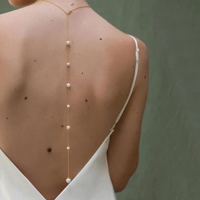 Women Back Necklace Rhinestone Long Tassel Pearl Jewelry Metal Body chain 05021 - Image 1 of 4