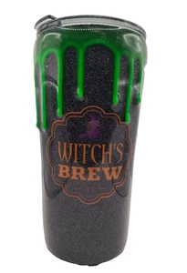 Vaso aislante de Halloween con diseño de cerveza de bruja negro plata brillo verde goteo - Imagen 1 de 12