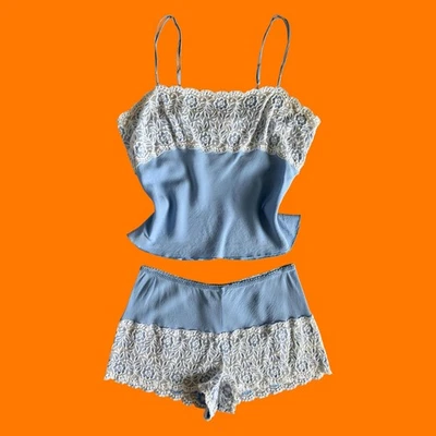Conjunto de pijama lencería vintage años 00 100% seda azul encaje transparente floral y2k GRANDE Foto 1 de 4
