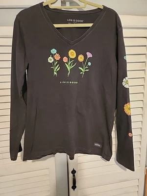 LIFE IS GOOD WOMENS BLACK Cotton PULLOVER Top  SIZE LARGE ~ FLORAL - Image 1 of 4