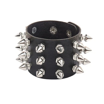 Faux Leather Cuff Bracelet Men Black Tone Spike Rivet Studded Round Jewelry - Image 1 of 4